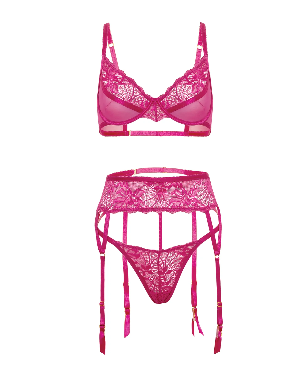 Julia Lace & Mesh 3 pc Set w/G-String - Rose S/M - Image 5