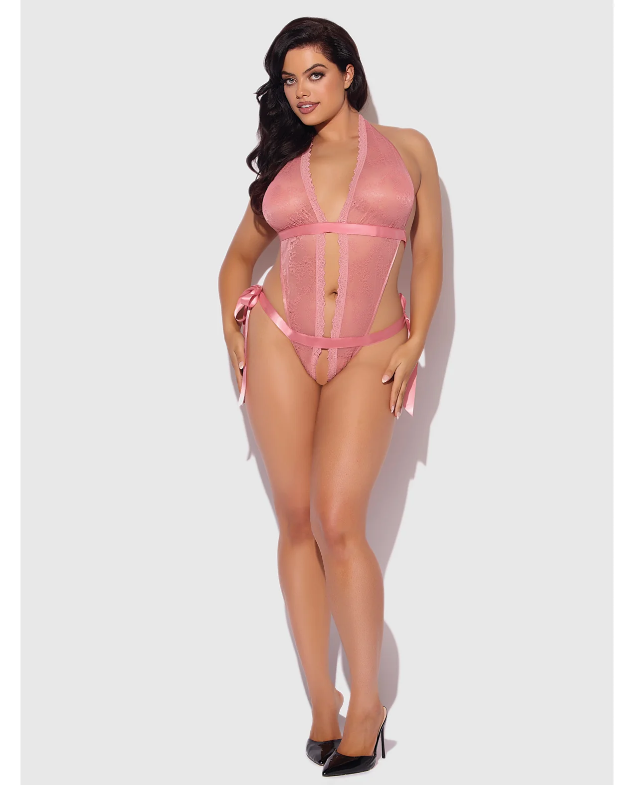 Kiki Lace & Satin Drop Off Teddy - Rose 1X/2X - Image 3