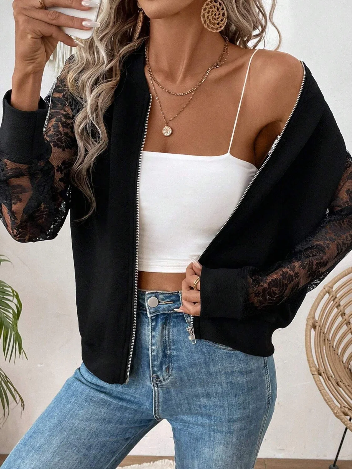 Lace Baseball Collar Zip Up Jacket - Image 9