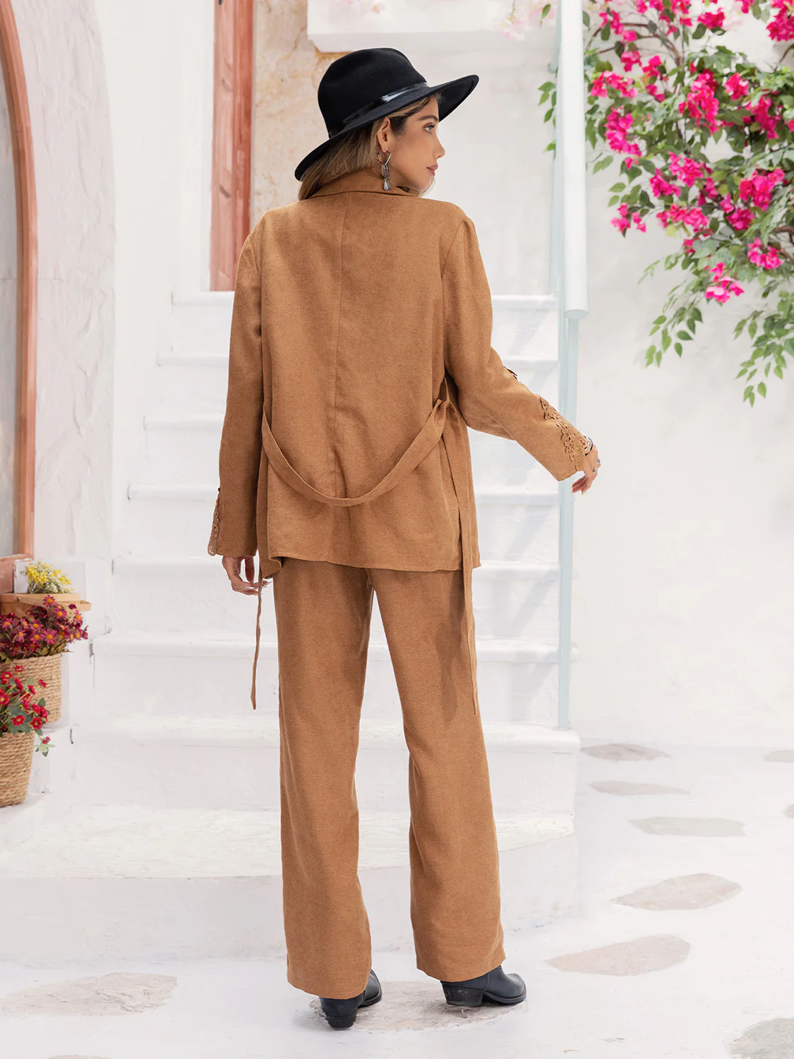 Lace Detail Collared Neck Top and Pants Set - Image 2