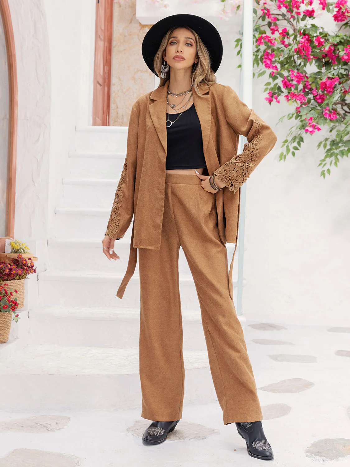 Lace Detail Collared Neck Top and Pants Set - Image 6