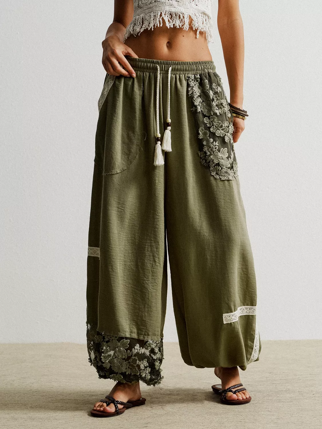 Lace Detail Drawstring Harem Pants - Image 2