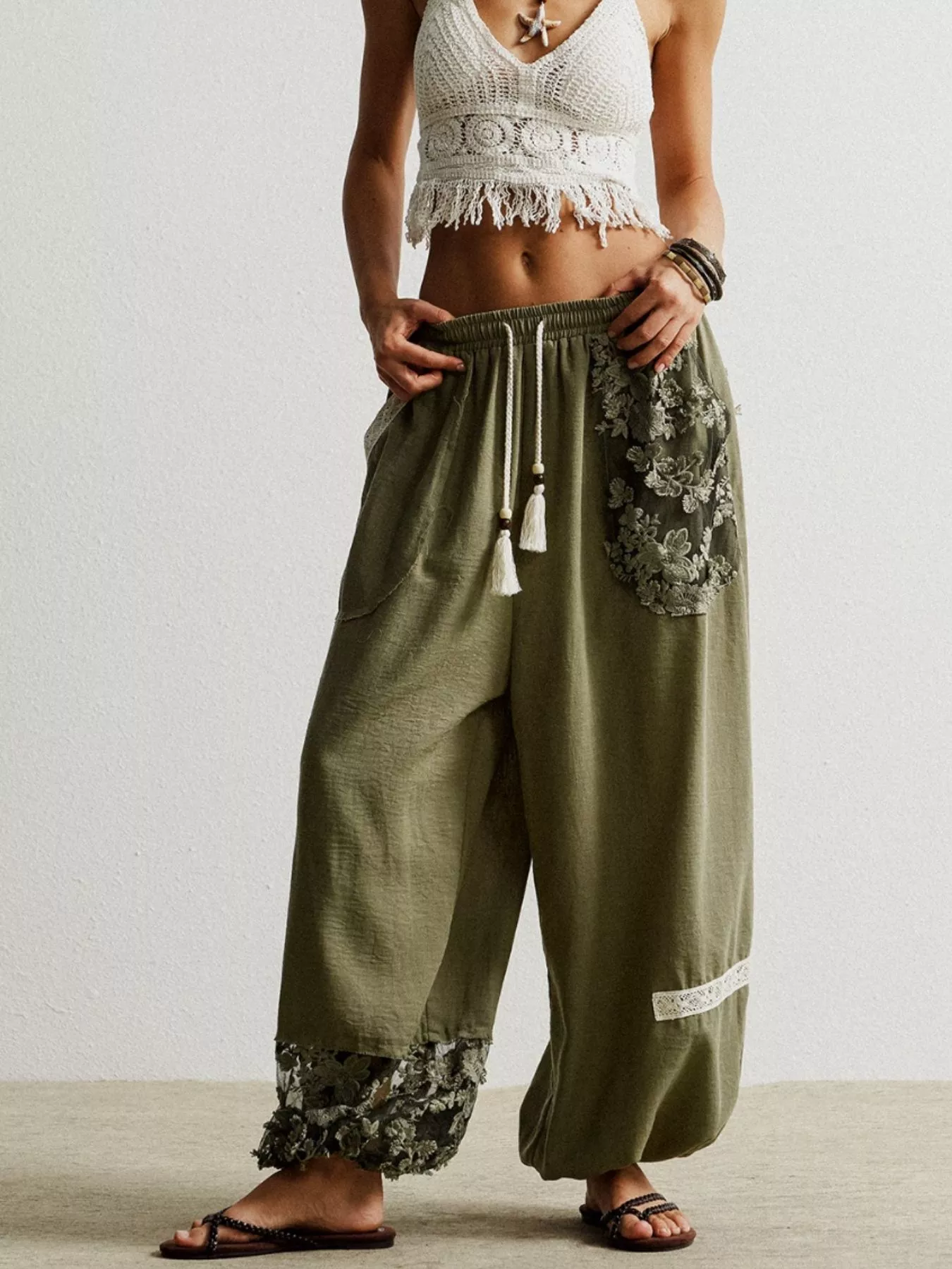 Lace Detail Drawstring Harem Pants - Image 4