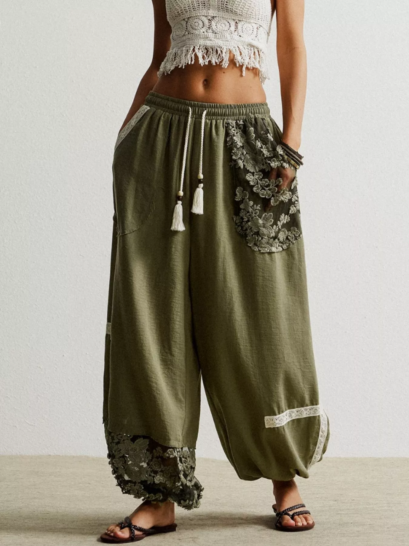 Lace Detail Drawstring Harem Pants - Image 5