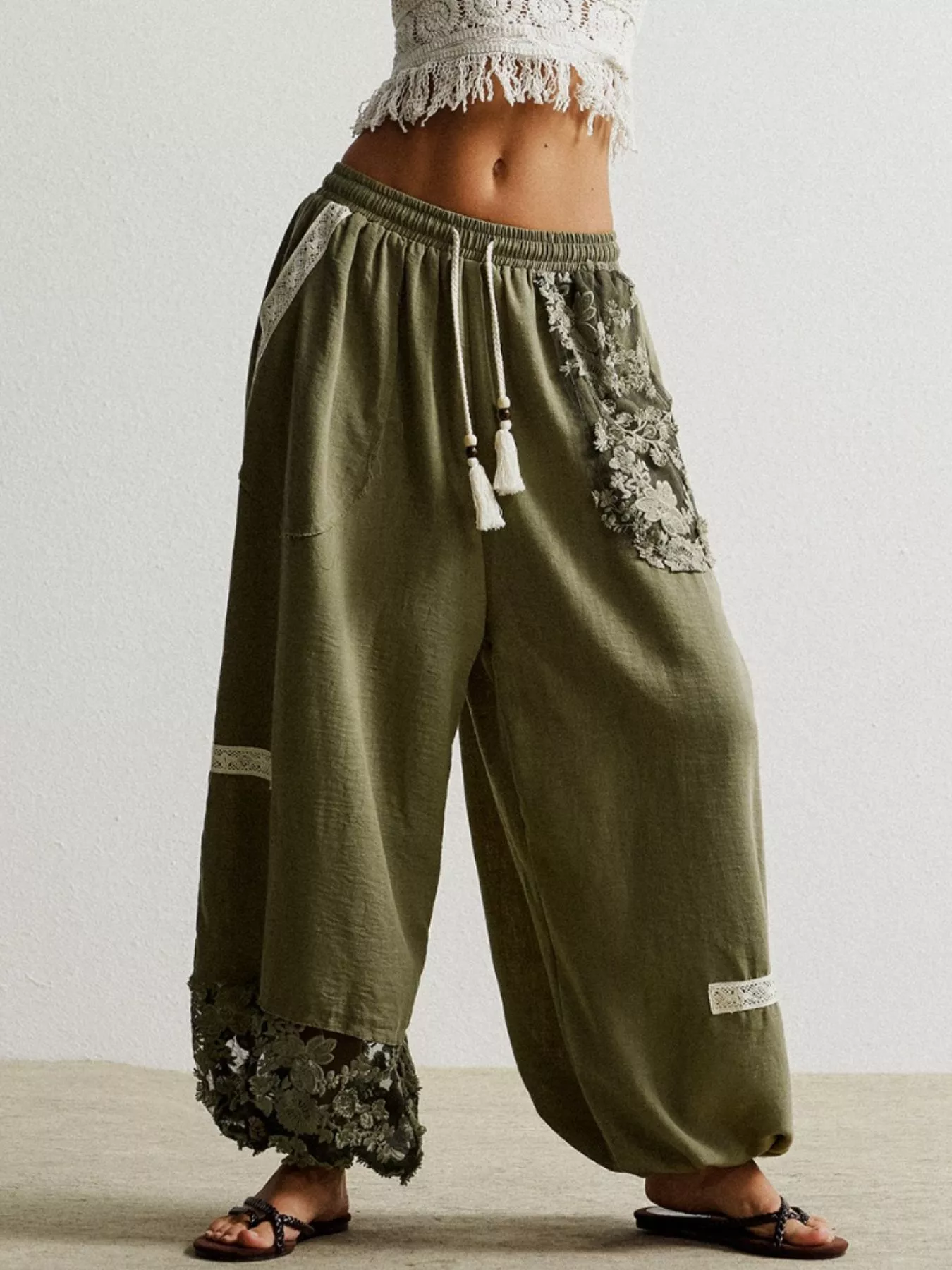 Lace Detail Drawstring Harem Pants - Image 7