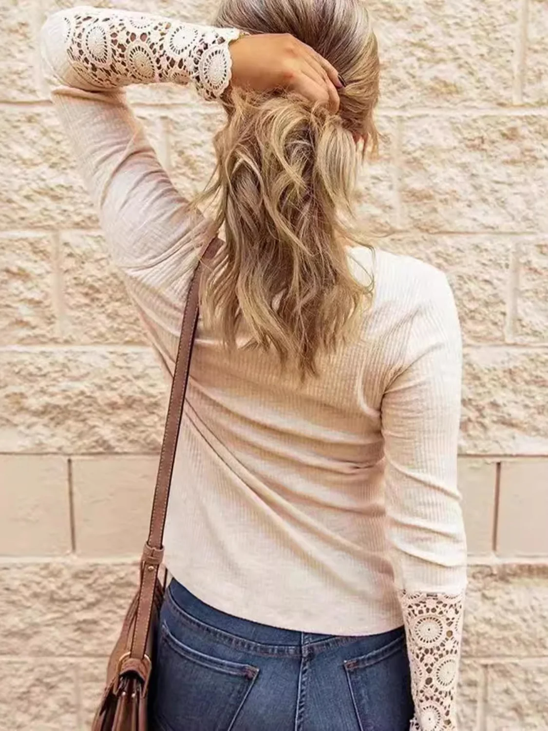 Lace Detail Half Button Round Neck Long Sleeve T-Shirt - Image 2