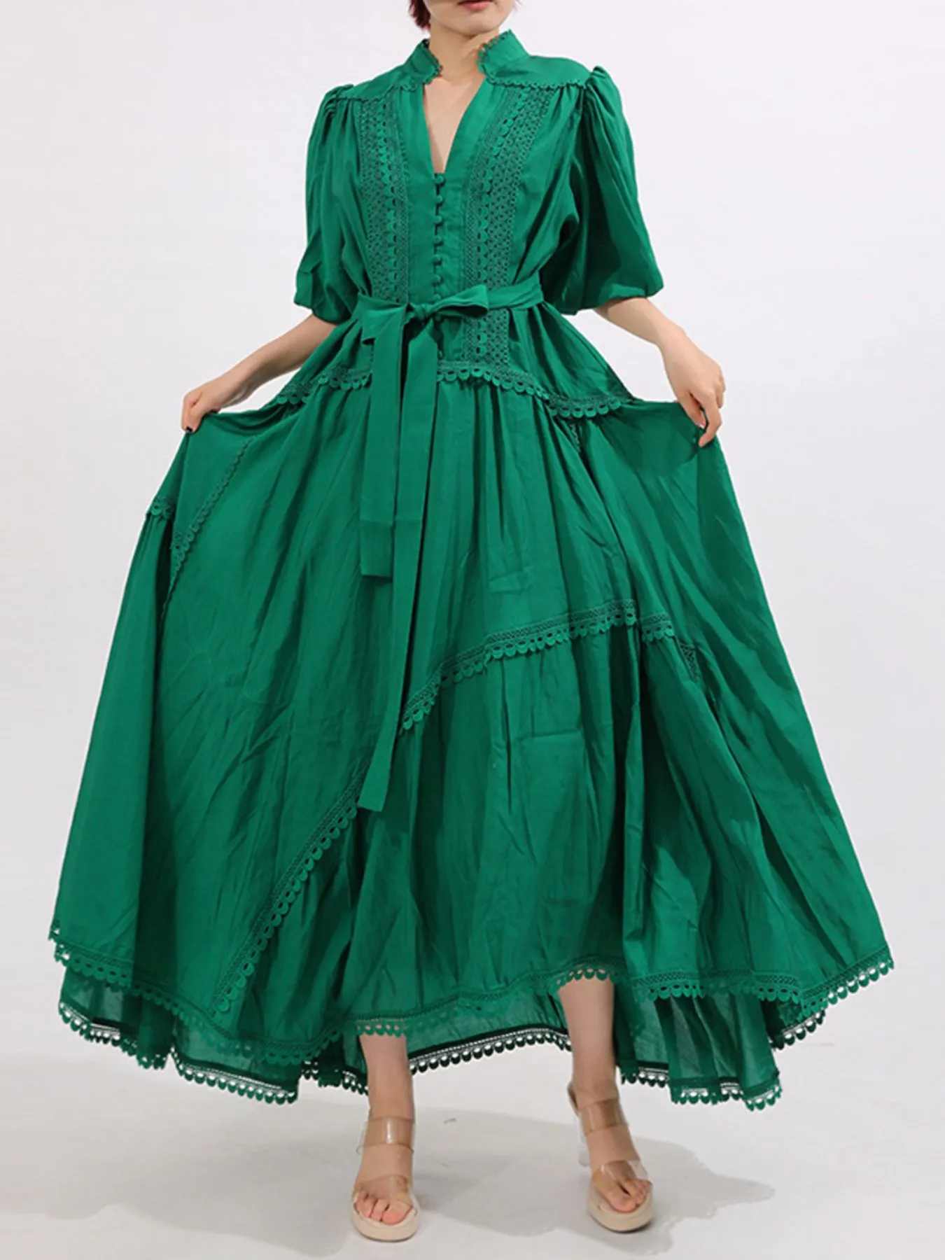 Lace Detail Notched Puff Sleeve Maxi Dress - Image 5
