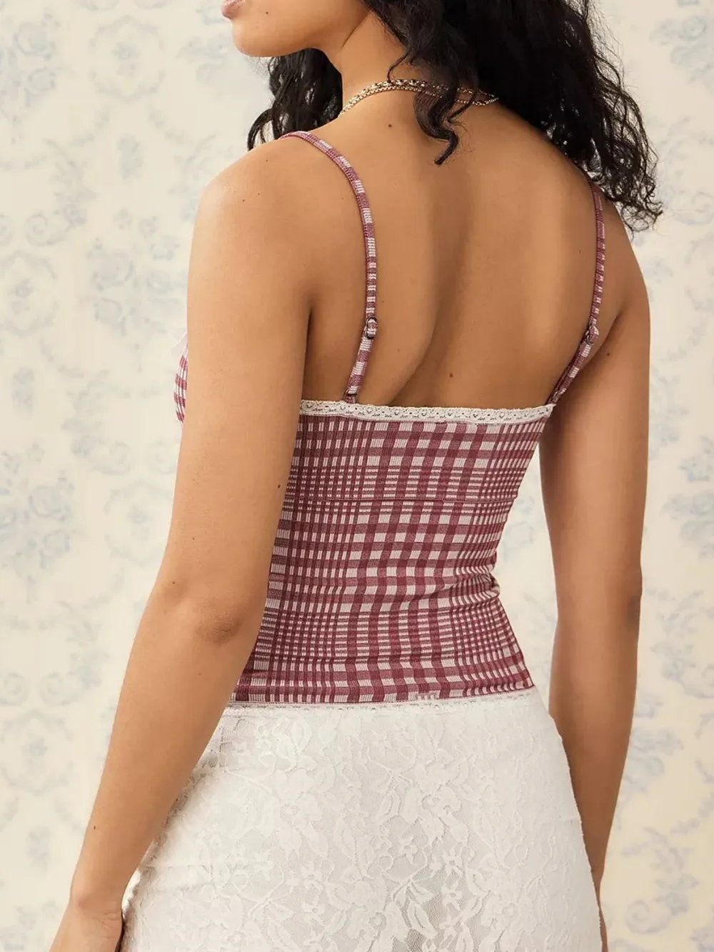 Lace Detail Plaid Square Neck Cami - Image 4