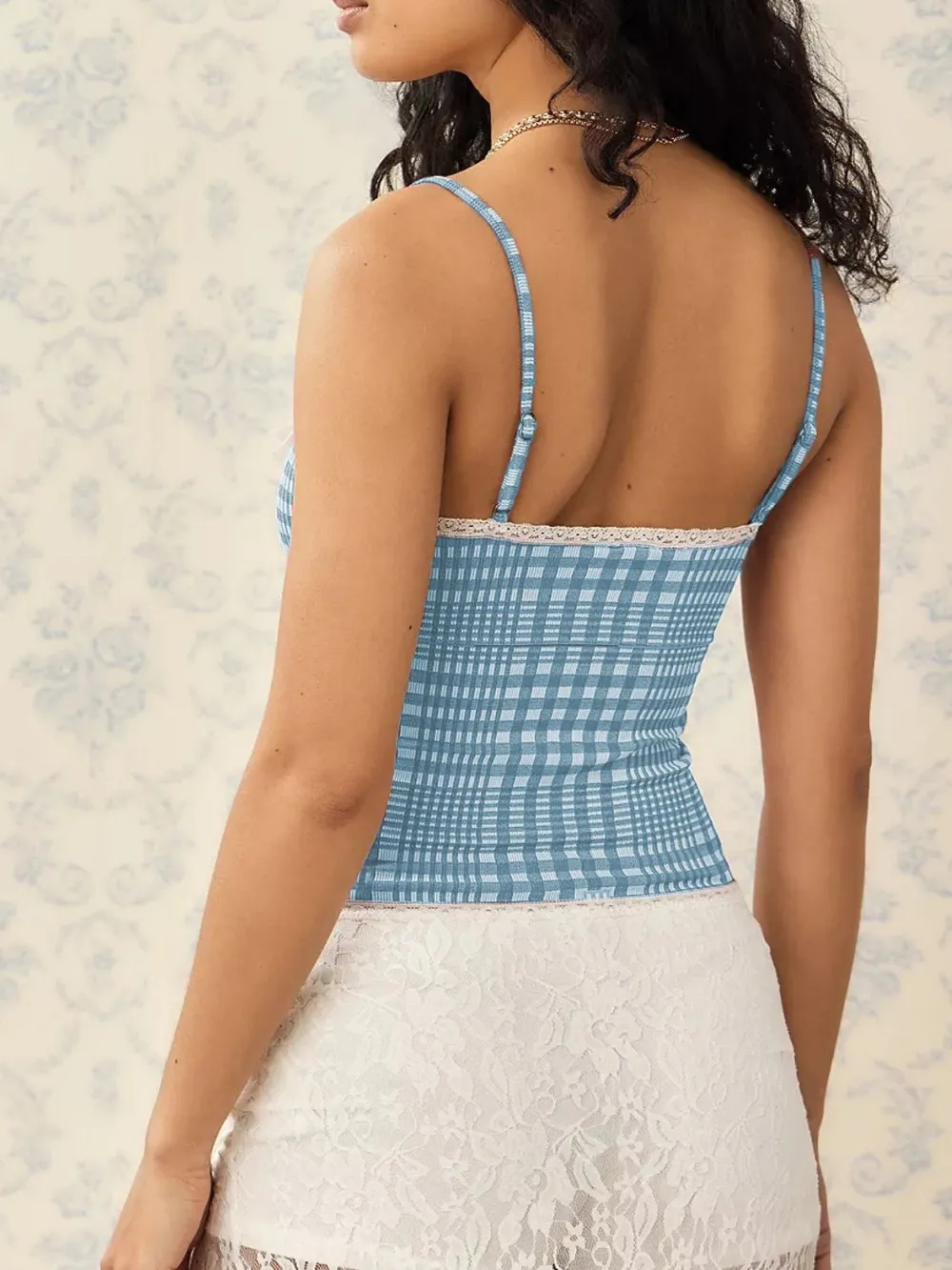 Lace Detail Plaid Square Neck Cami - Image 8