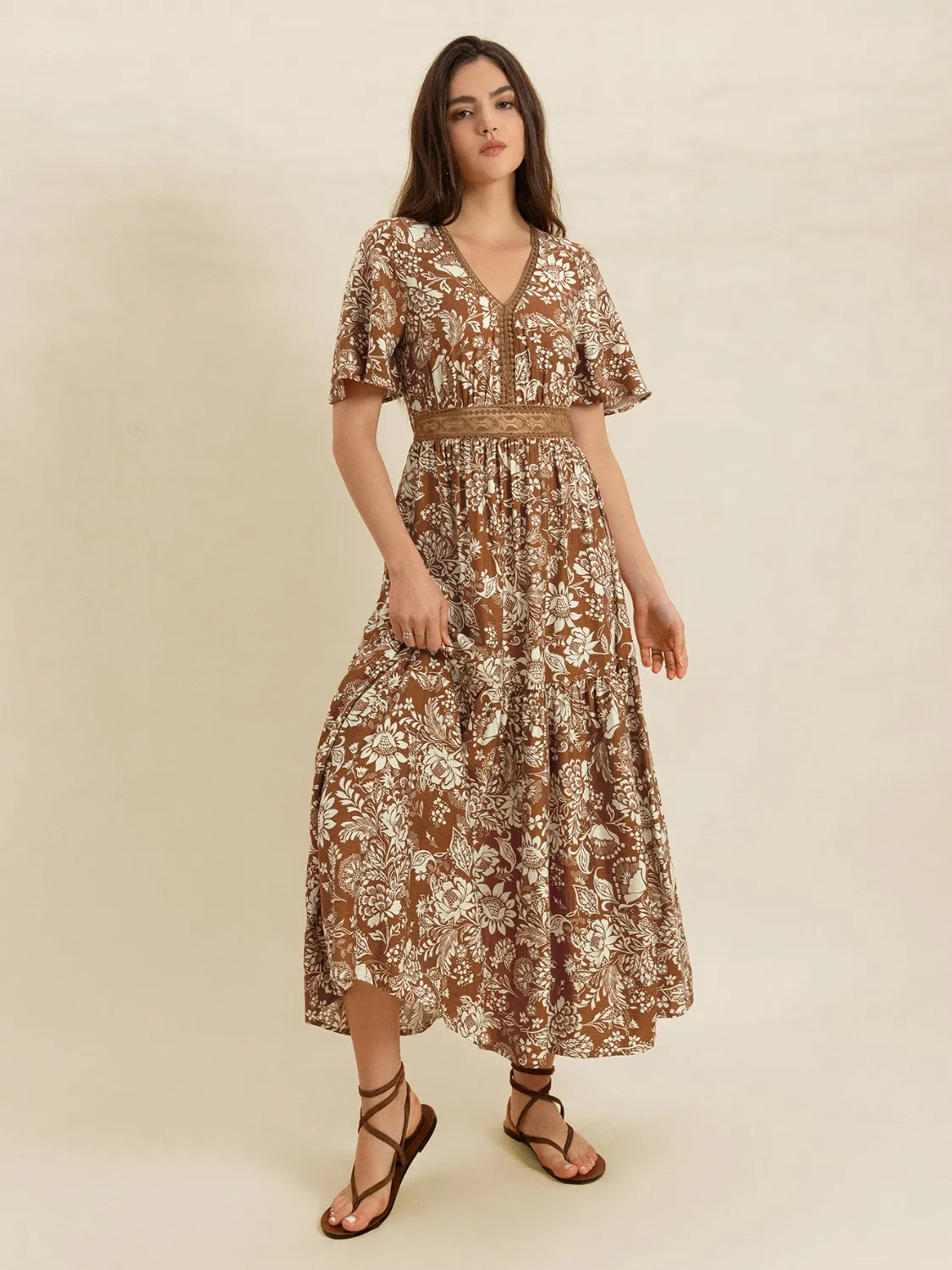 Lace Detail Printed Short Sleeve Midi Dress