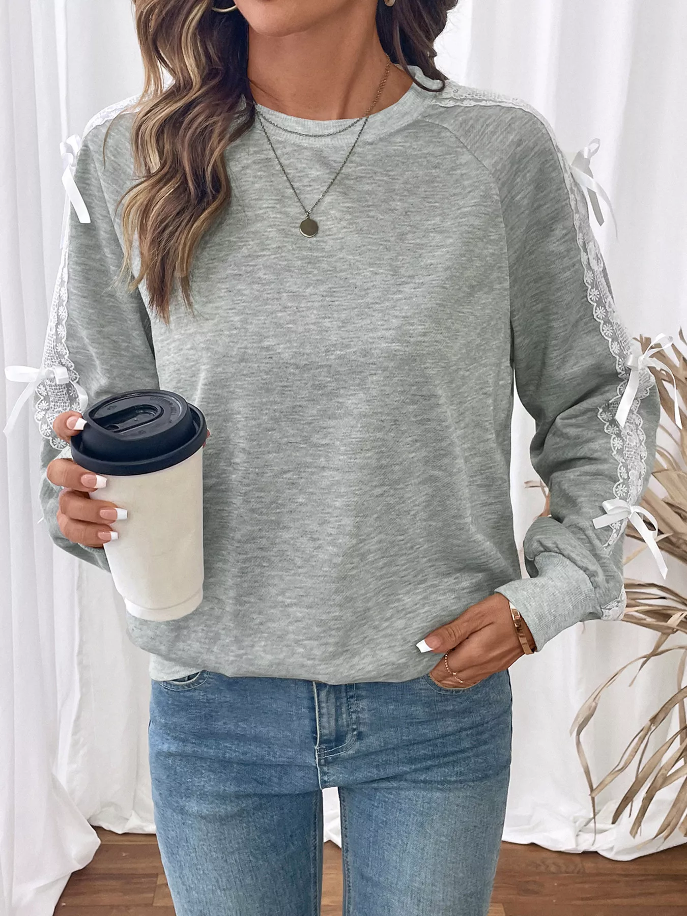 Lace Detail Round Neck Sweatshirt - Image 4