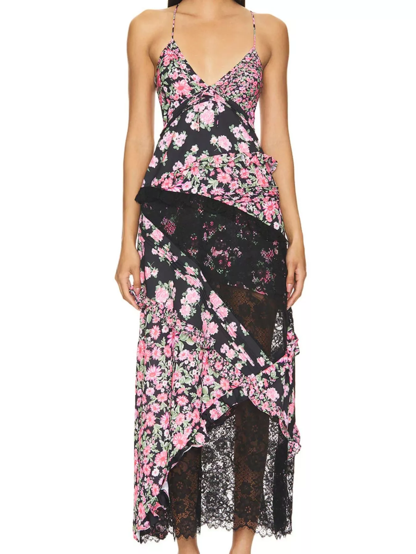 Lace Detail Ruffled Floral V-Neck Maxi Dress - Image 12