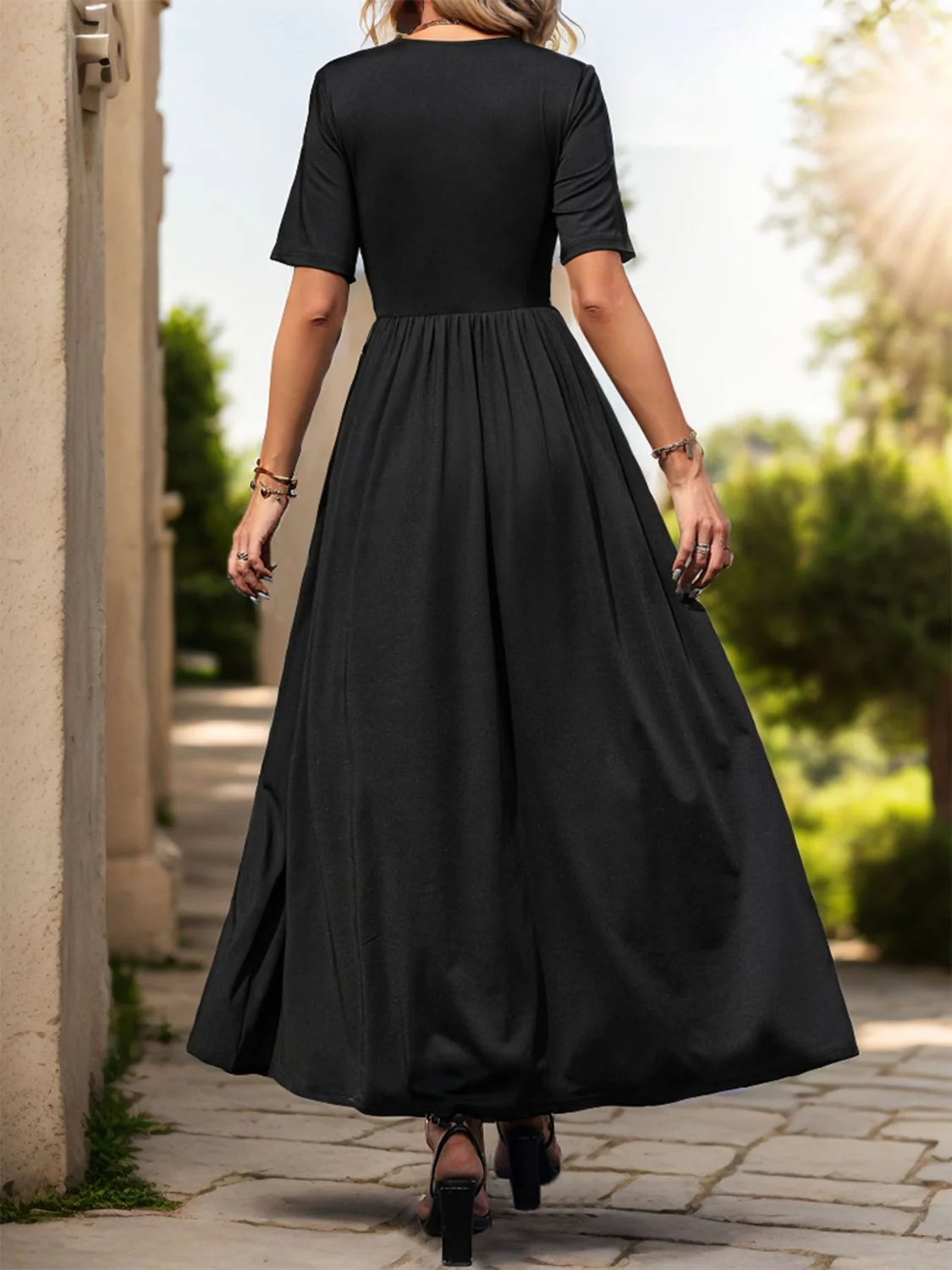 Lace Detail Slit V-Neck Short Sleeve Dress - Image 2