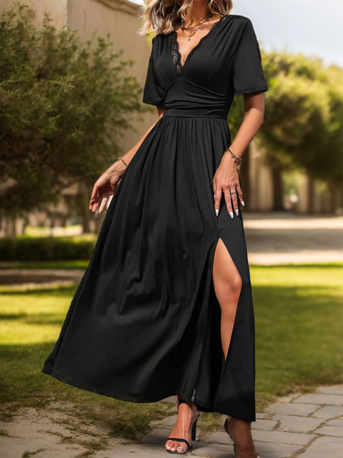 Lace Detail Slit V-Neck Short Sleeve Dress - Image 5