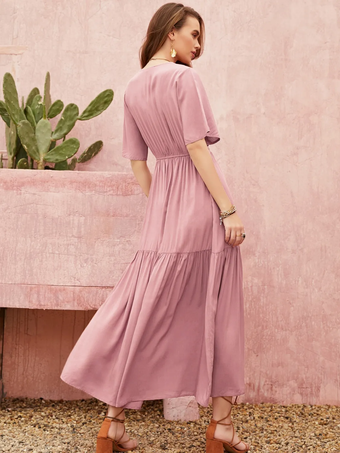 Lace Detail V-Neck Short Sleeve Dress - Image 4