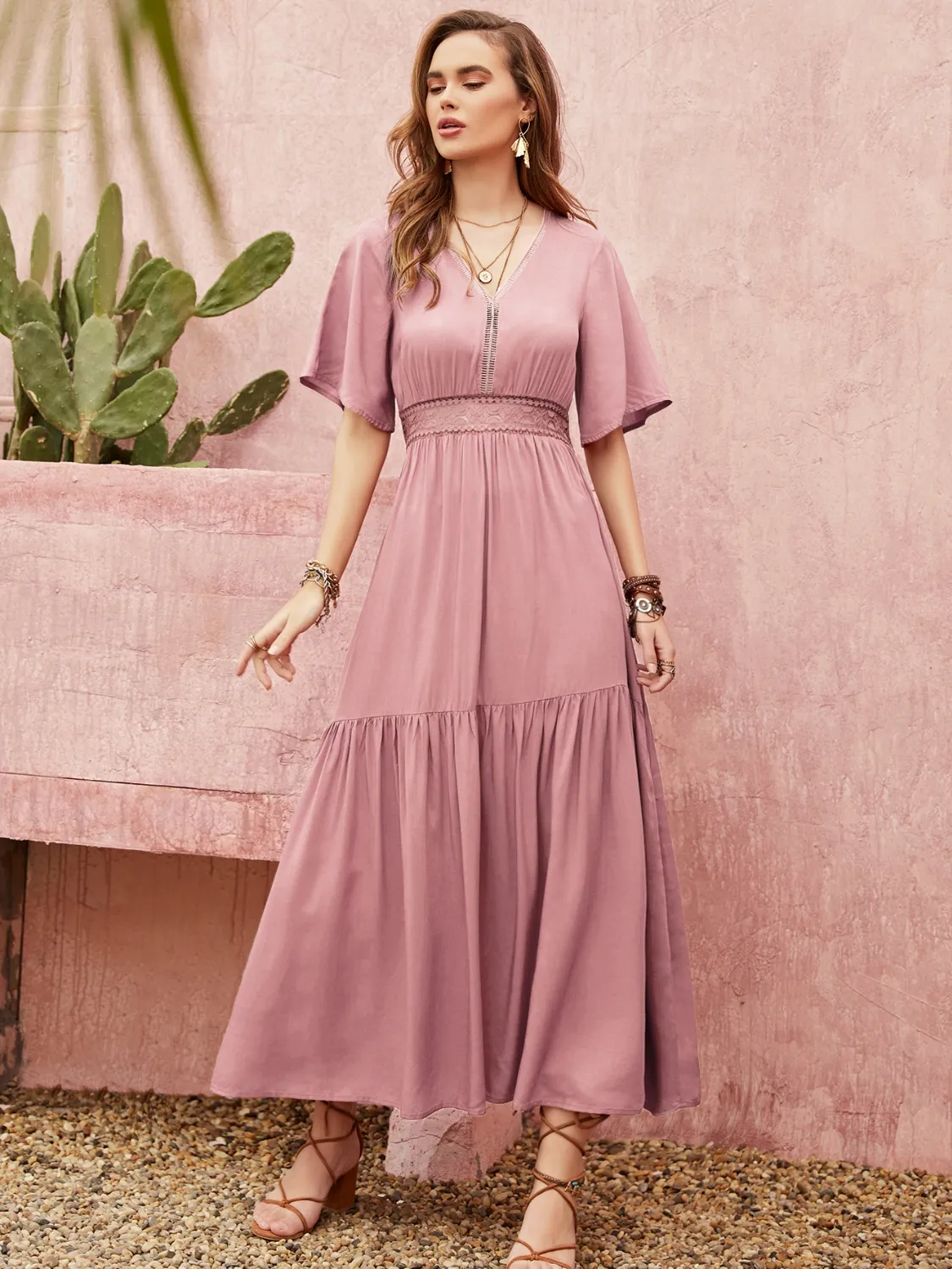 Lace Detail V-Neck Short Sleeve Dress - Image 6