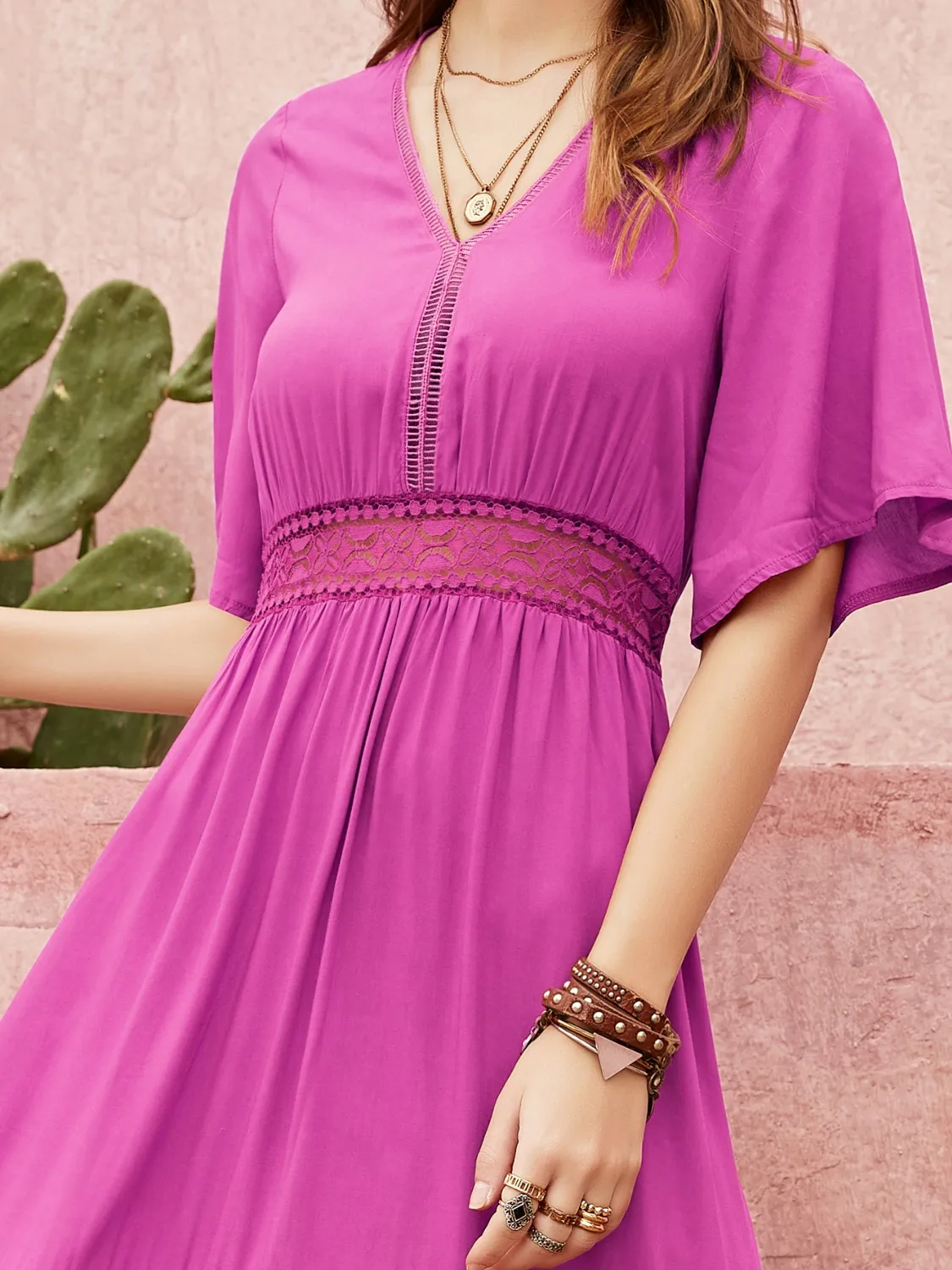 Lace Detail V-Neck Short Sleeve Midi Dress - Image 2