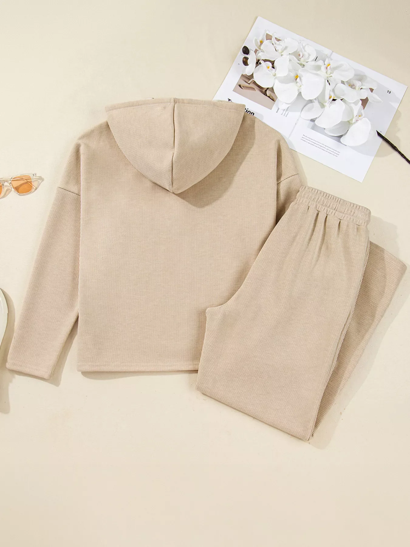 Lace Drawstring Hoodie and High Waist Pants Set - Image 3