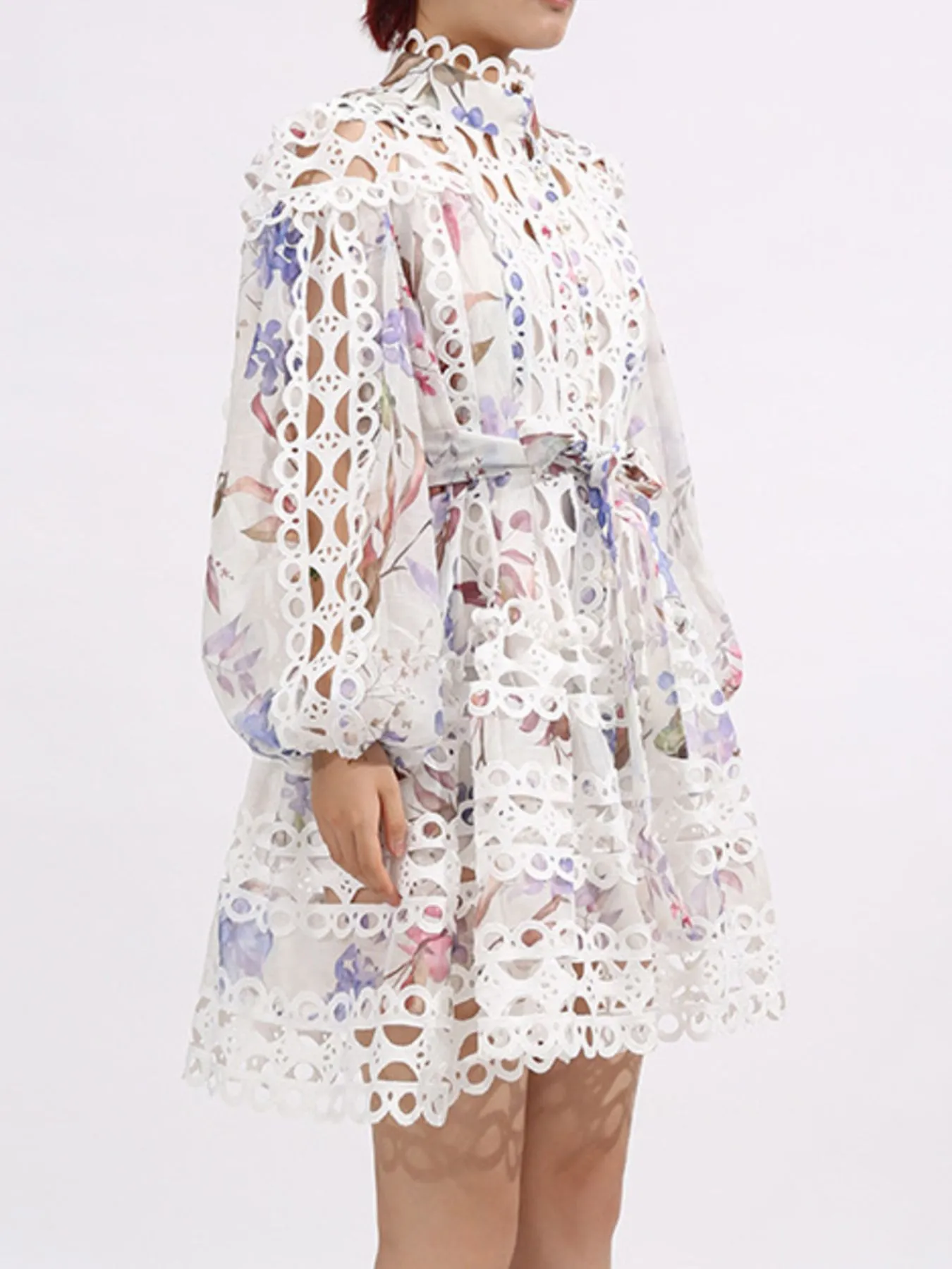 Lace Eyelet Mini Dress with Balloon Sleeves - Image 7