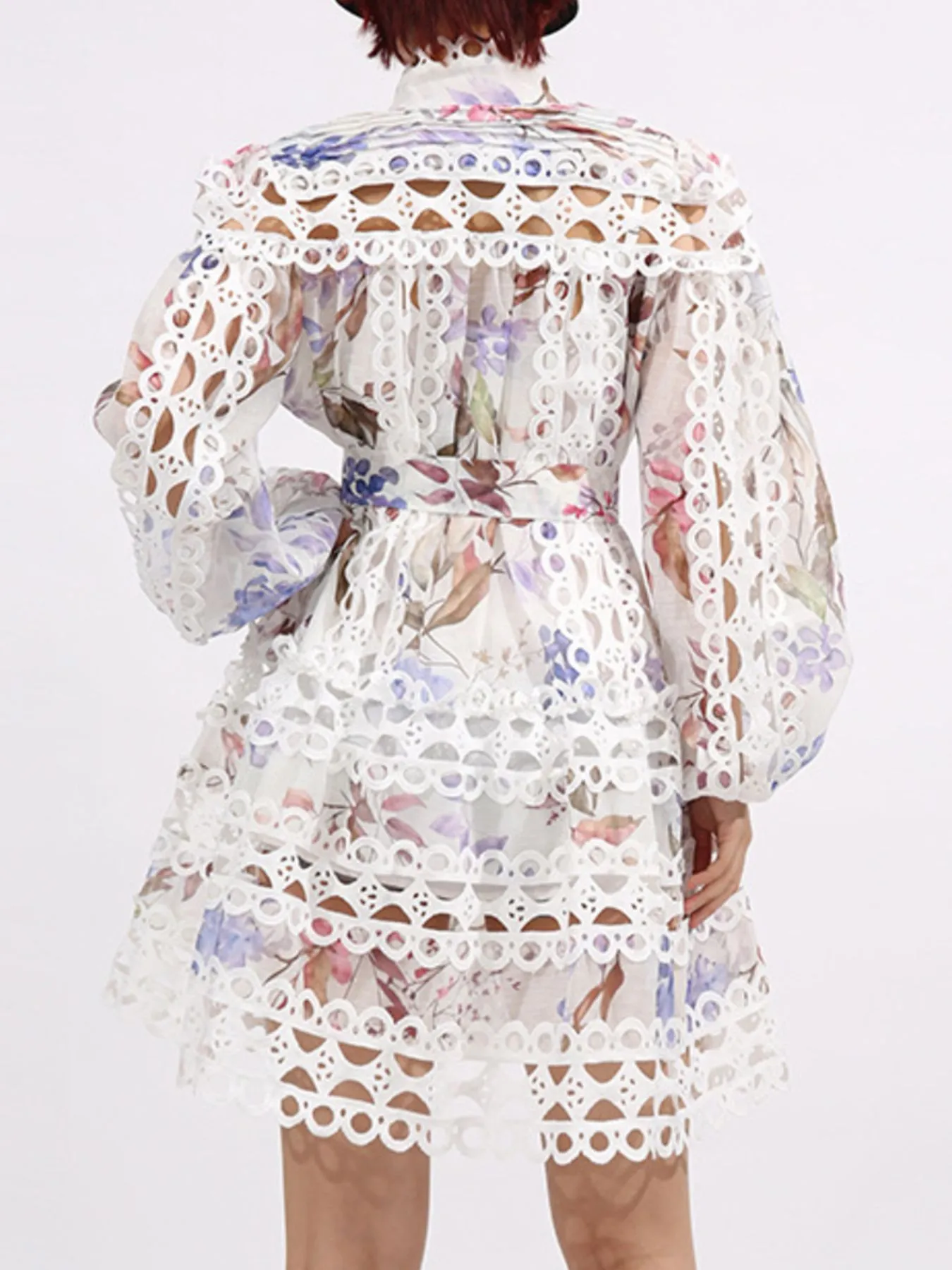 Lace Eyelet Mini Dress with Balloon Sleeves - Image 8
