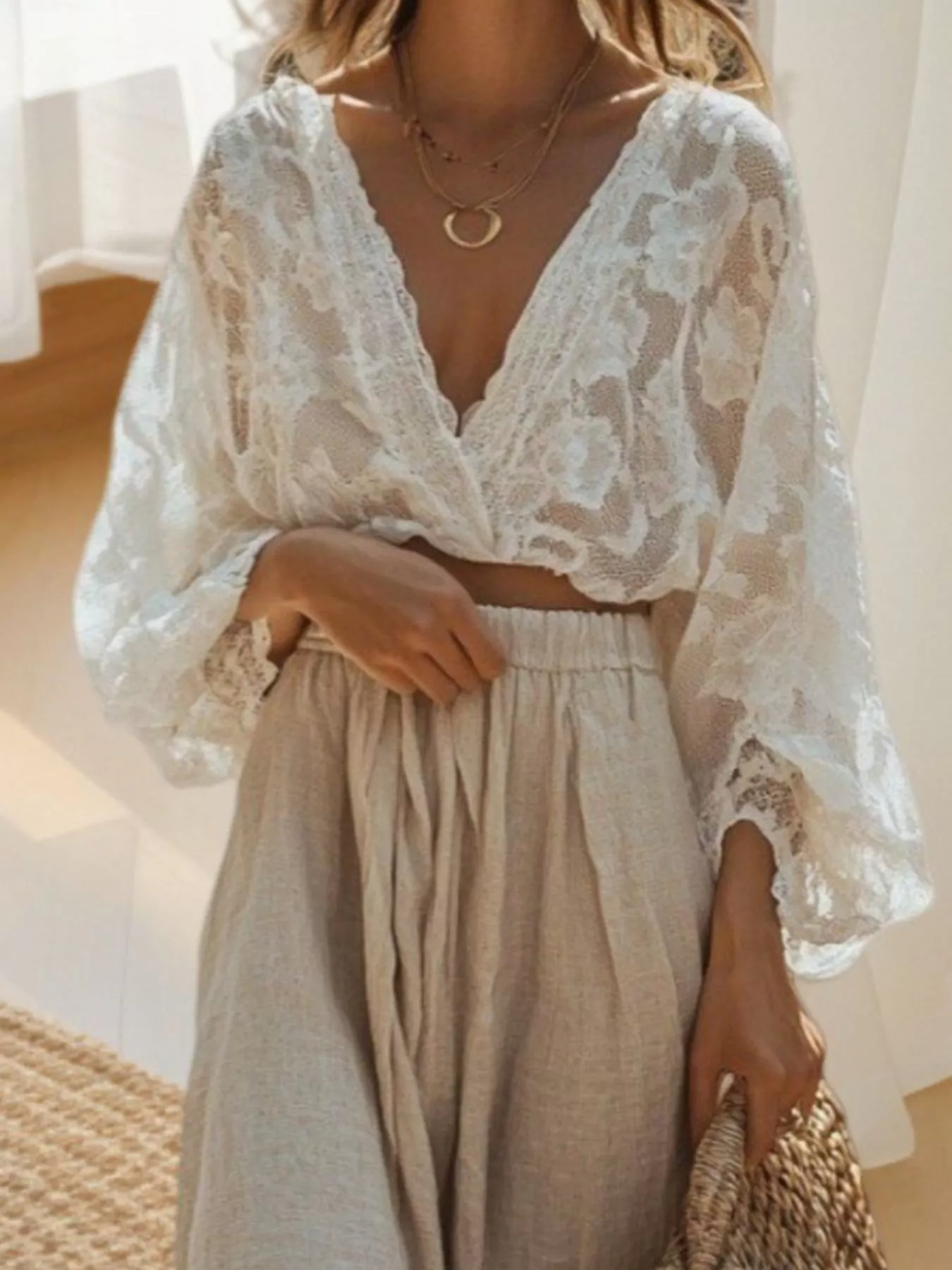 Lace Long Sleeve Top and Skirt Set - Image 2