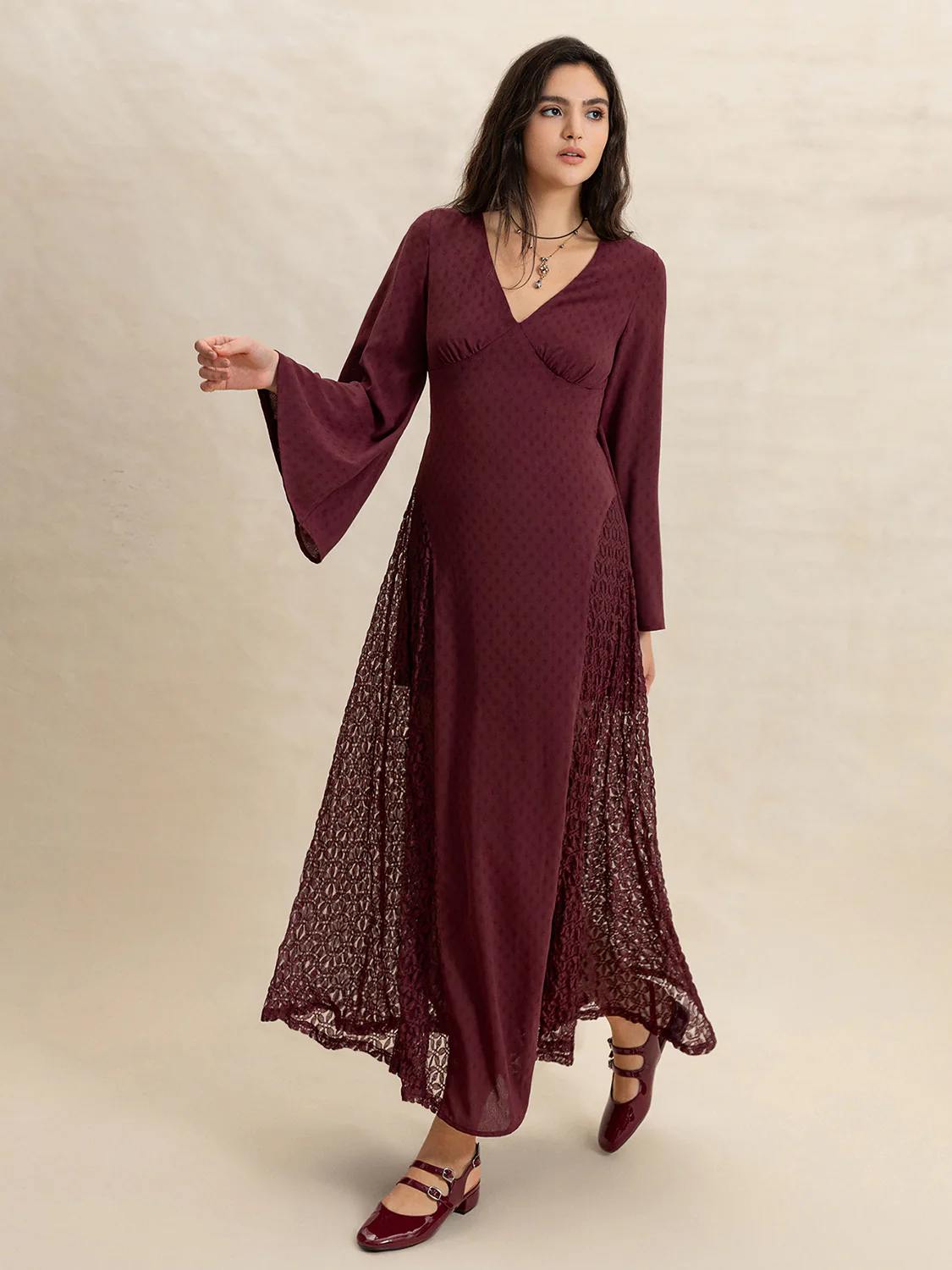 Lace Patchwork V-Neck Long Sleeve Midi Dress - Image 2