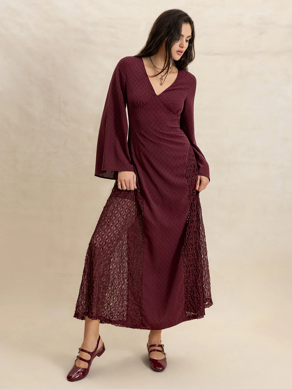 Lace Patchwork V-Neck Long Sleeve Midi Dress - Image 8