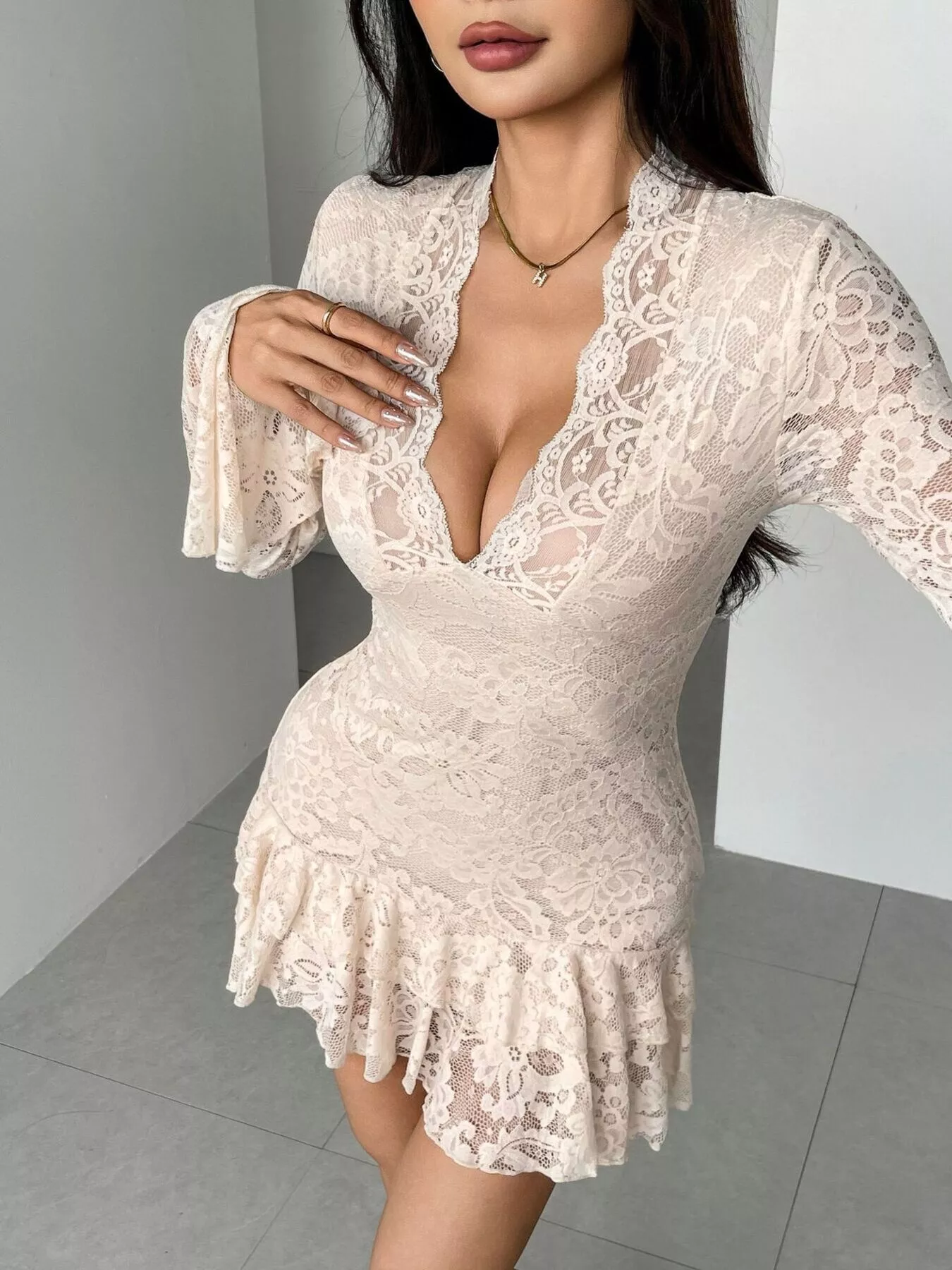 Lace Ruffle Hem Mini Dress - Image 5