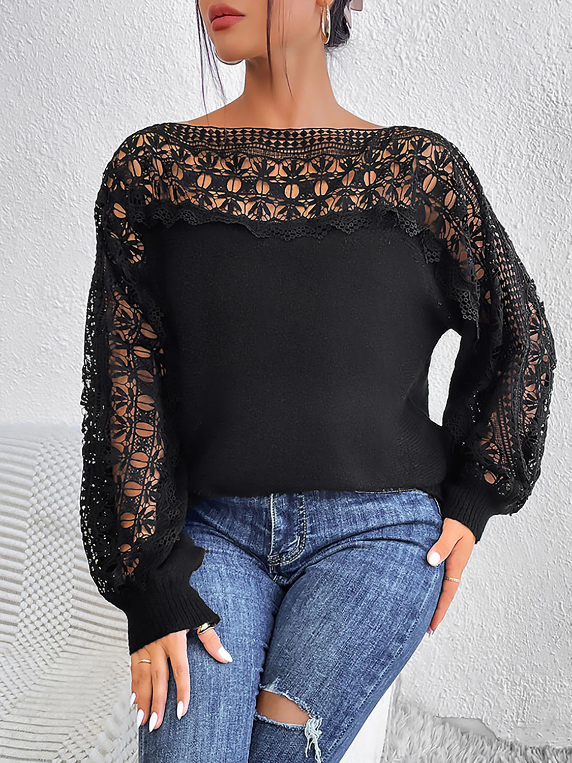 Lace Trim Boat Neck Knit Top - Image 4