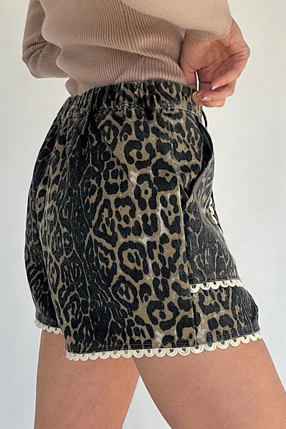Lace Trim Leopard Denim Shorts - Image 3