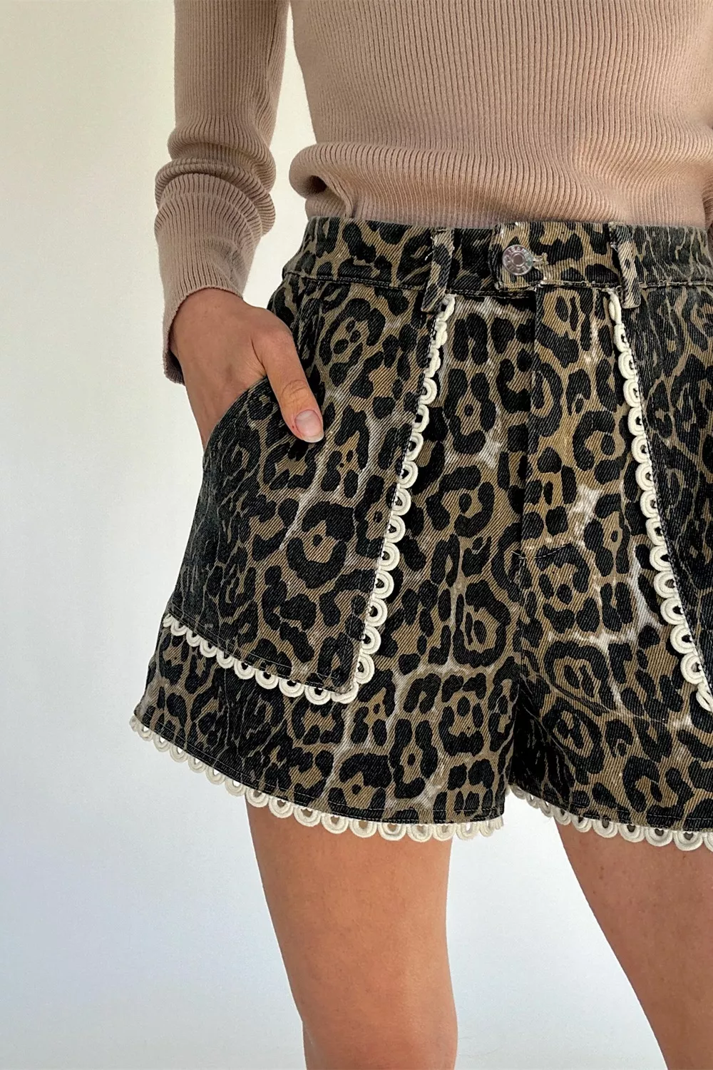 Lace Trim Leopard Denim Shorts - Image 4