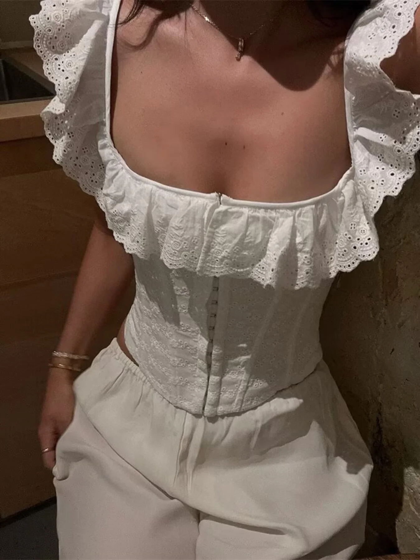 Lace Up Back Eyelet Ruffle Trim Tank - Image 2