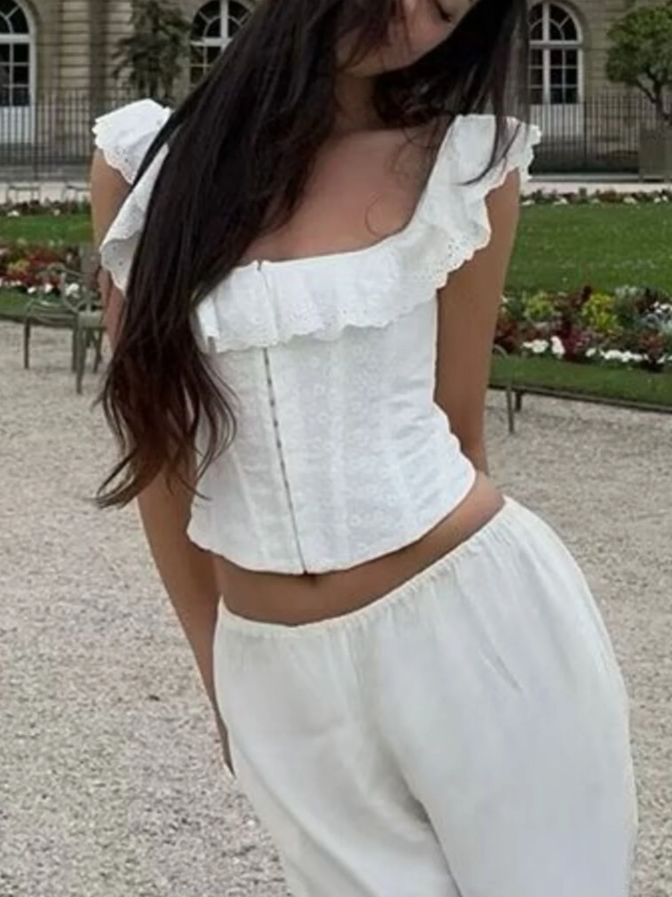 Lace Up Back Eyelet Ruffle Trim Tank - Image 3