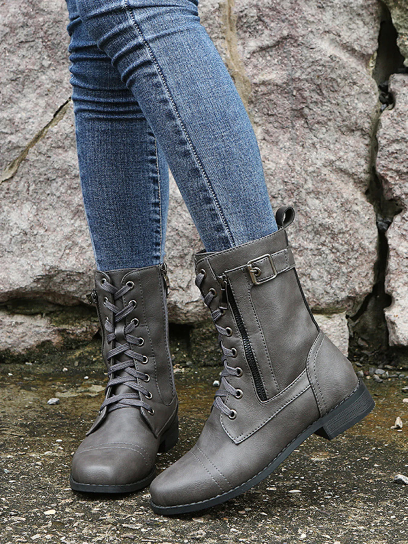Lace-Up Boots with Side Zipper - Image 6