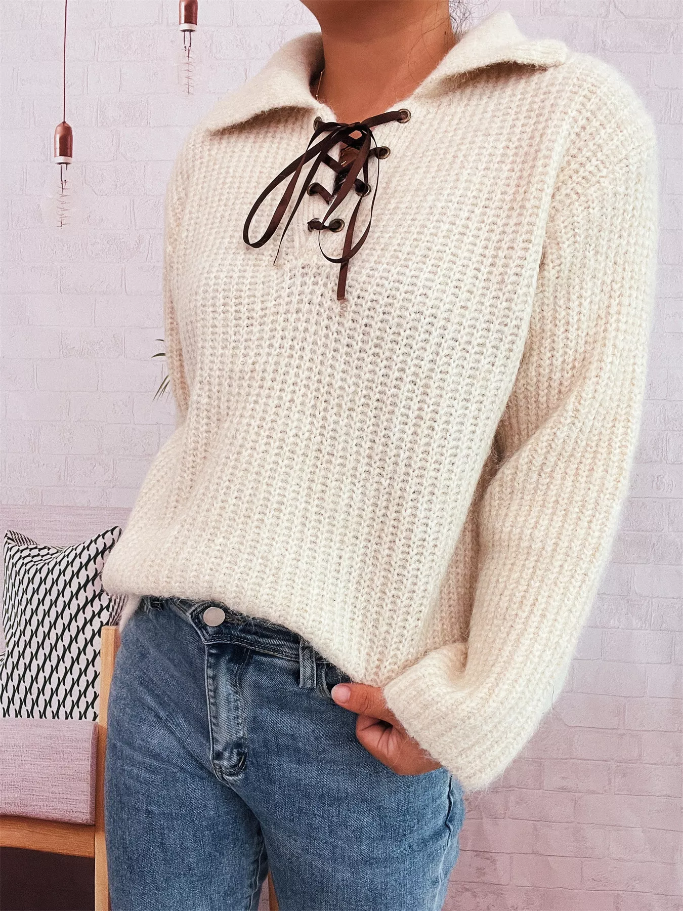 Lace Up Long Sleeve Sweater - Image 10