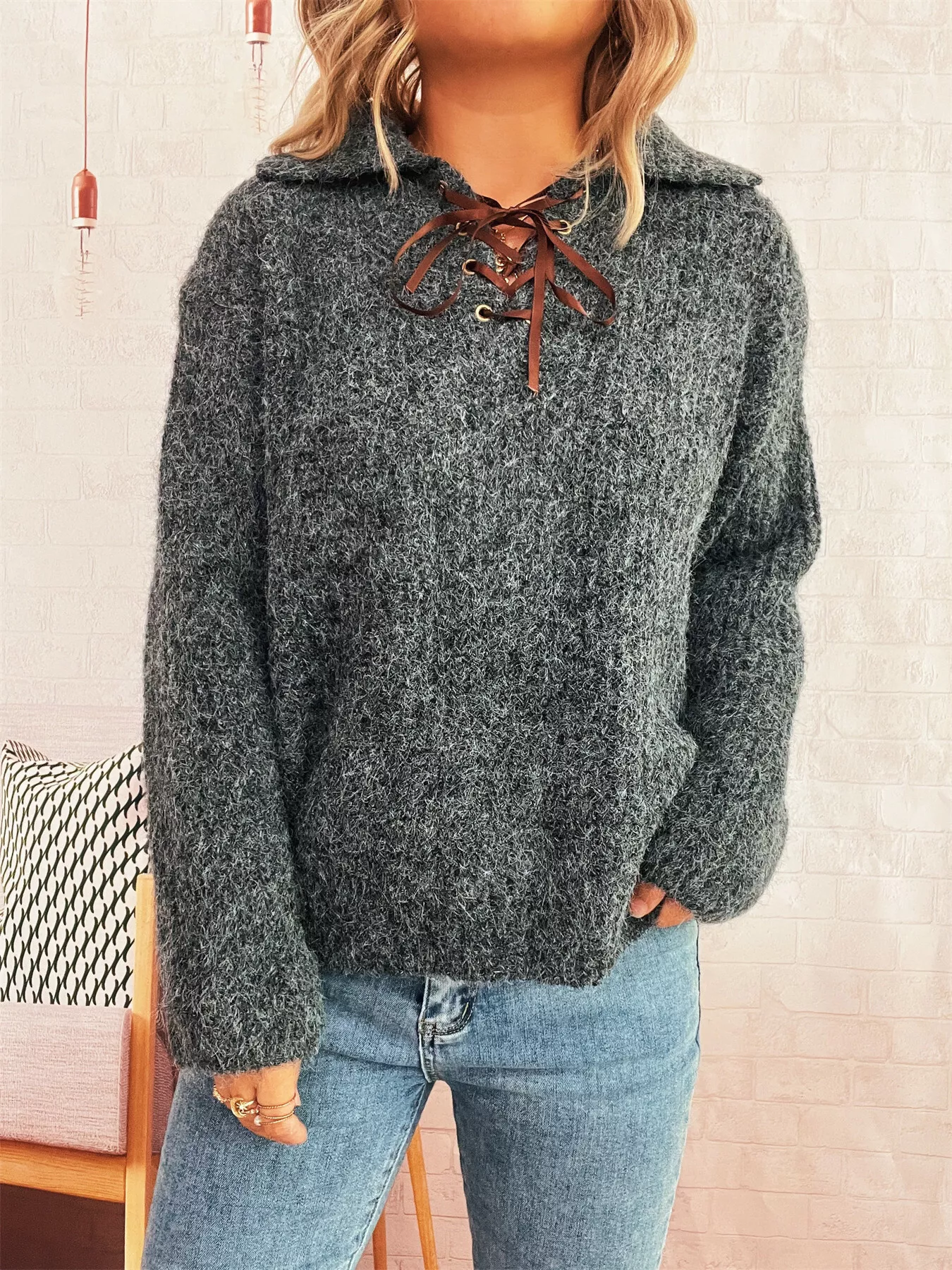 Lace Up Long Sleeve Sweater - Image 6
