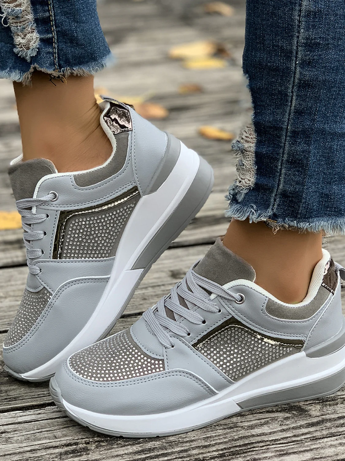 Lace-Up Rhinestone Wedge Sneakers - Image 8