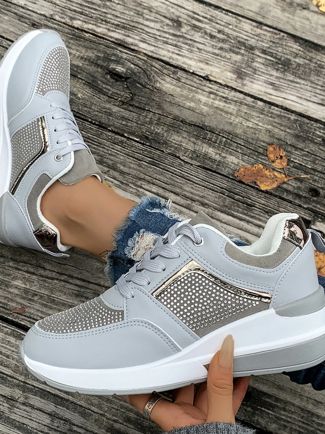 Lace-Up Rhinestone Wedge Sneakers - Image 9
