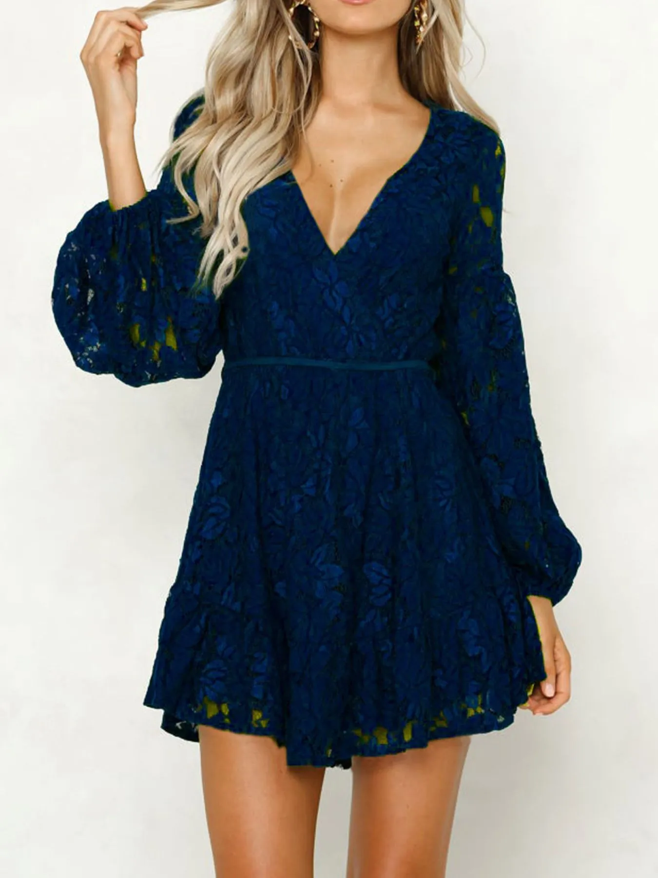 Lace V-Neck Long Sleeve Mini Dress - Image 11