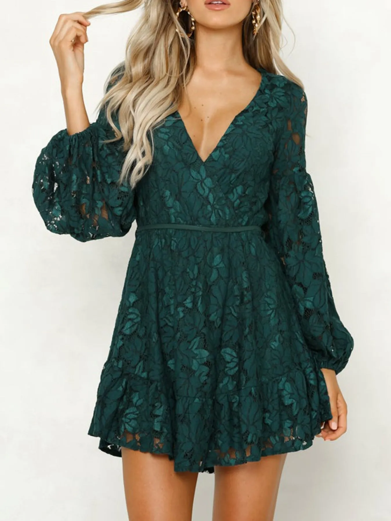 Lace V-Neck Long Sleeve Mini Dress - Image 2