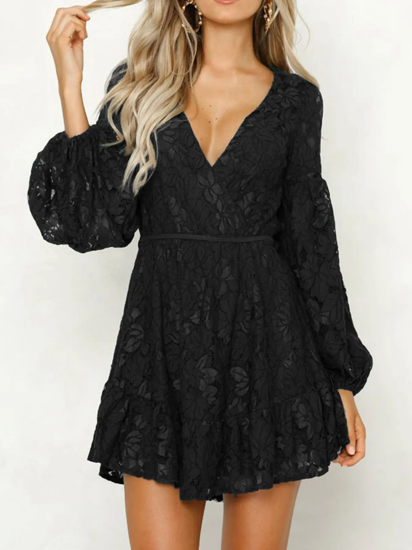 Lace V-Neck Long Sleeve Mini Dress - Image 8