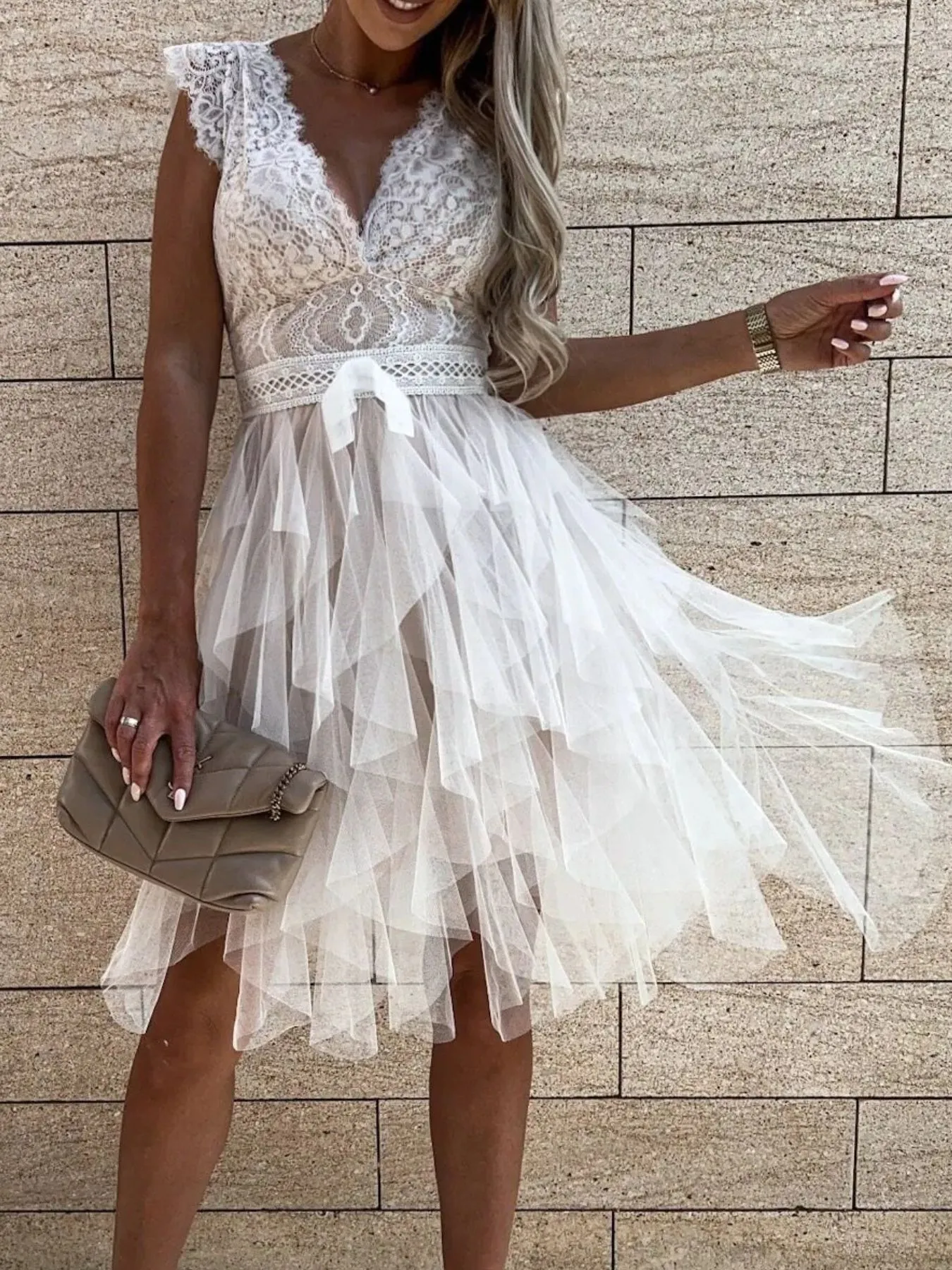 Lace V-Neck Ruffle Dress - Image 5