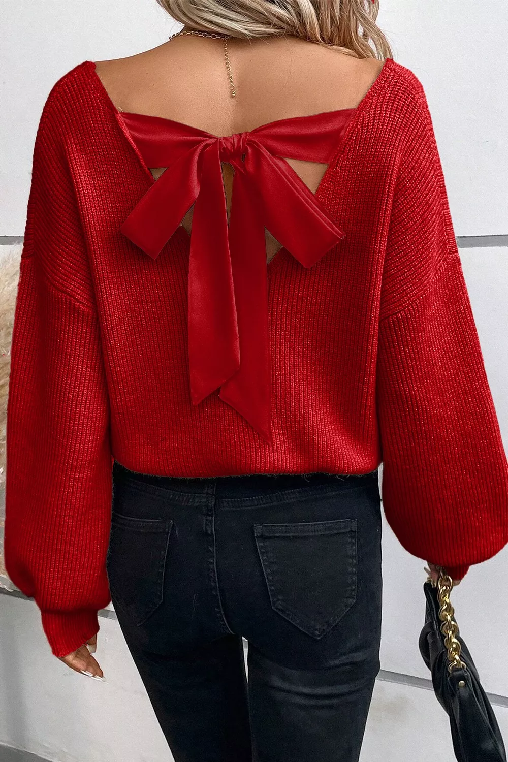 Lantern Sleeve V Neck Knot Back Sweater - Image 2