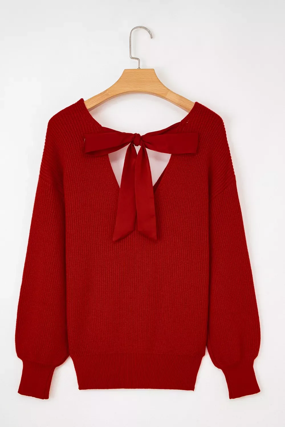 Lantern Sleeve V Neck Knot Back Sweater - Image 4