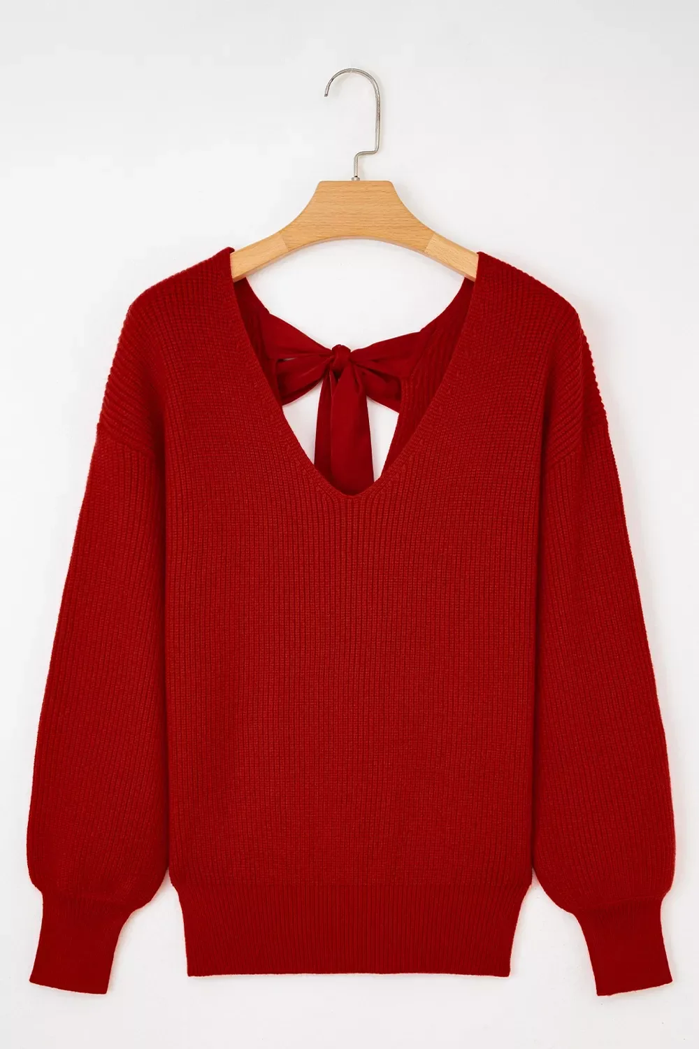 Lantern Sleeve V Neck Knot Back Sweater - Image 5