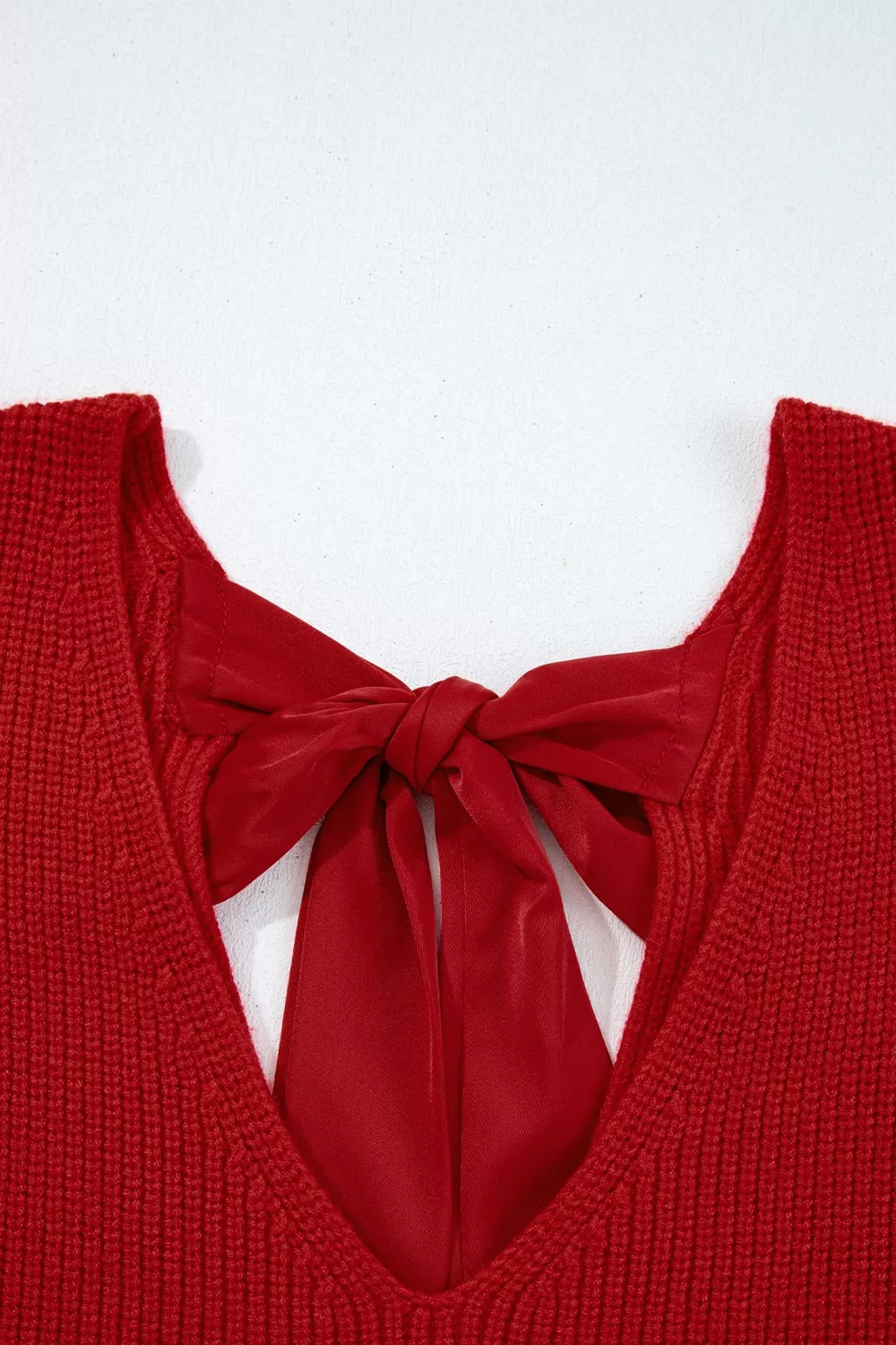 Lantern Sleeve V Neck Knot Back Sweater - Image 7
