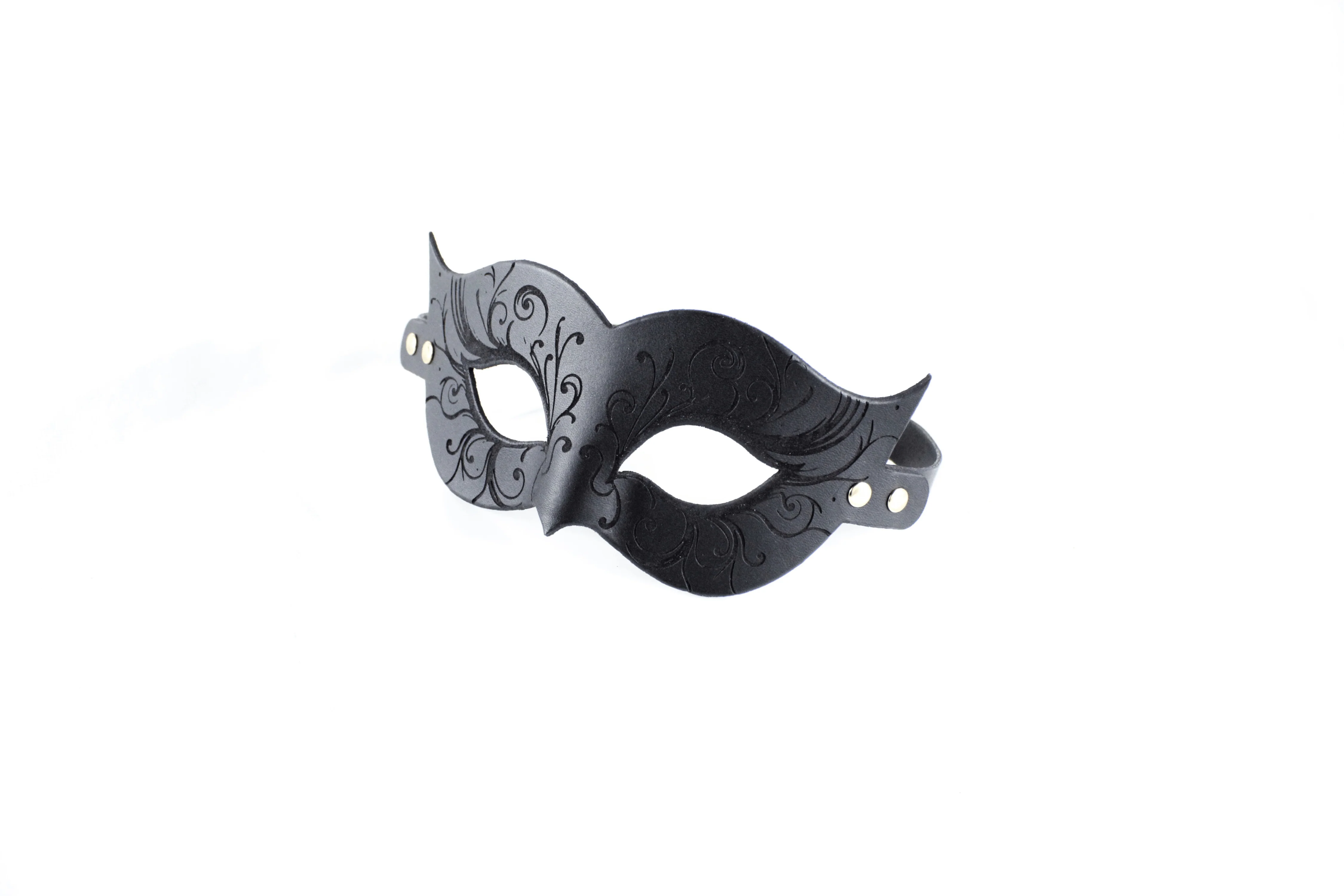 Leather Bondage Mask, Venetian Style, Black Floral Details - Image 5