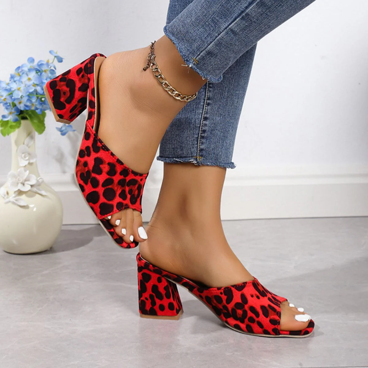 Leopard Block Heel Suede Sandals - Image 9