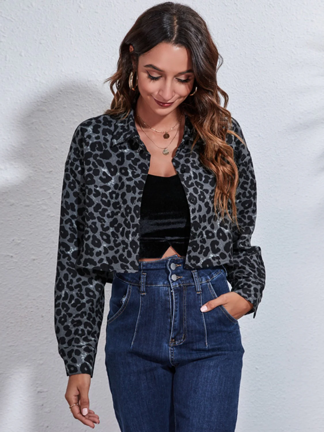 Leopard Button Up Collared Neck Cropped Jacket - Image 3