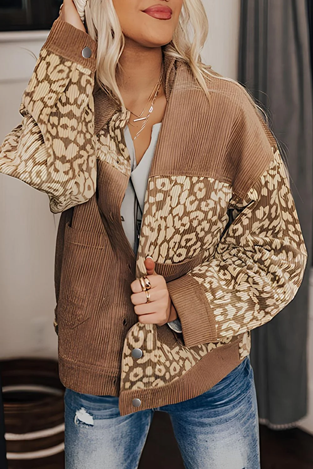 Leopard Button Up Drop Shoulder Jacket - Image 2